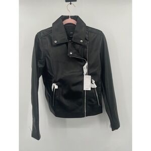 MANGO Moto Faux Leather Jacket Side Full Zip Black BRAND NEW Large